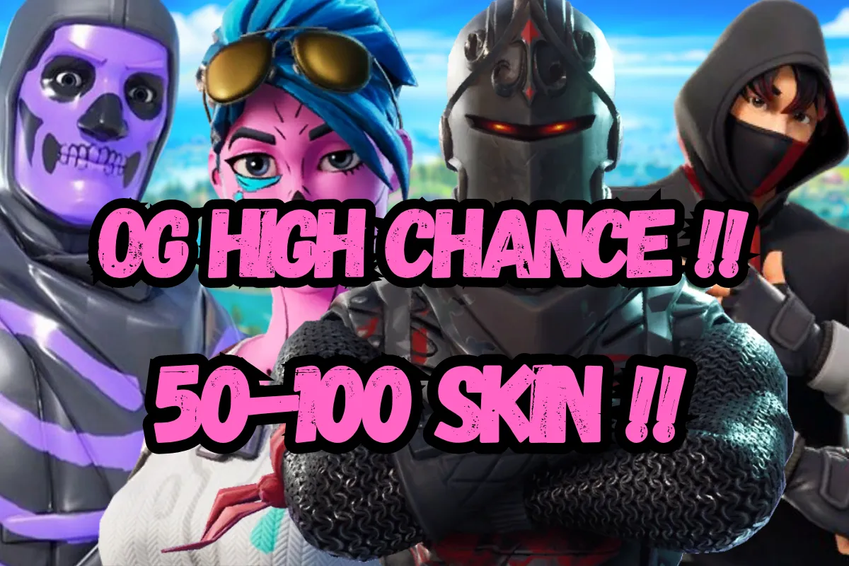 50-100 , Chance for (Travis Scott ,OG Ghoul Trooper, Renegade Raider , Black Knight ,Galaxy, IKONIK , OG Skull Trooper, Sparkle Specialist , Take the L or Others skins).